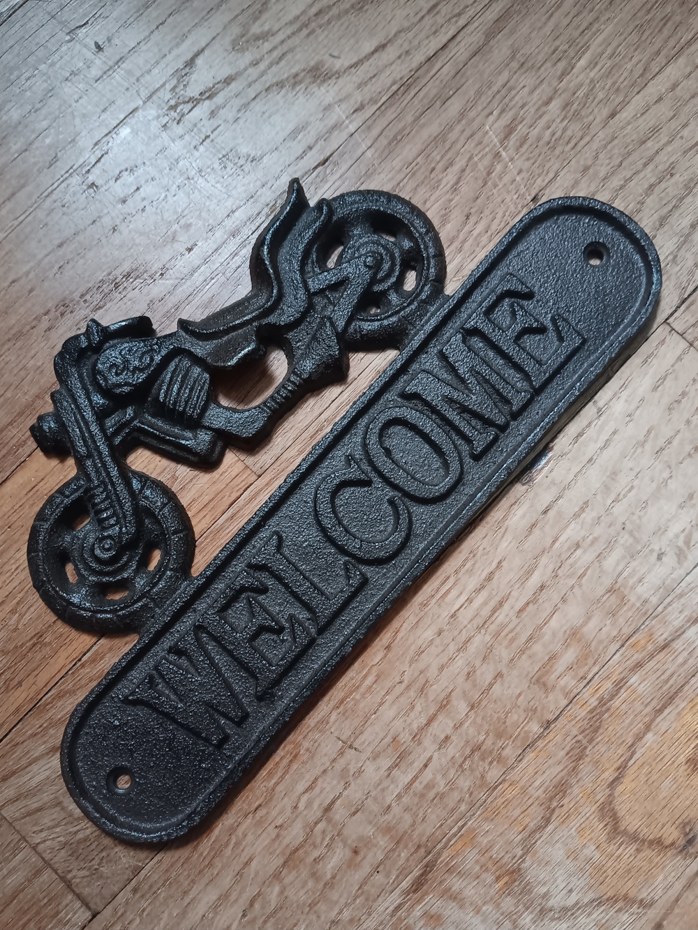 Rustic Brown Cast Iron Vintage Motorcycle Welcome Sign
